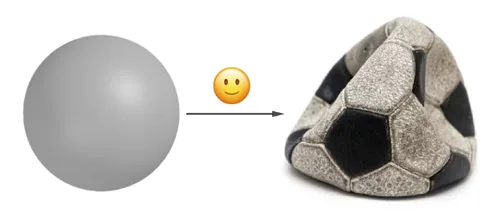 Visual showing topologically equivalent spaces (sphere and football) contrasted with non-equivalent spaces (sphere and plane)